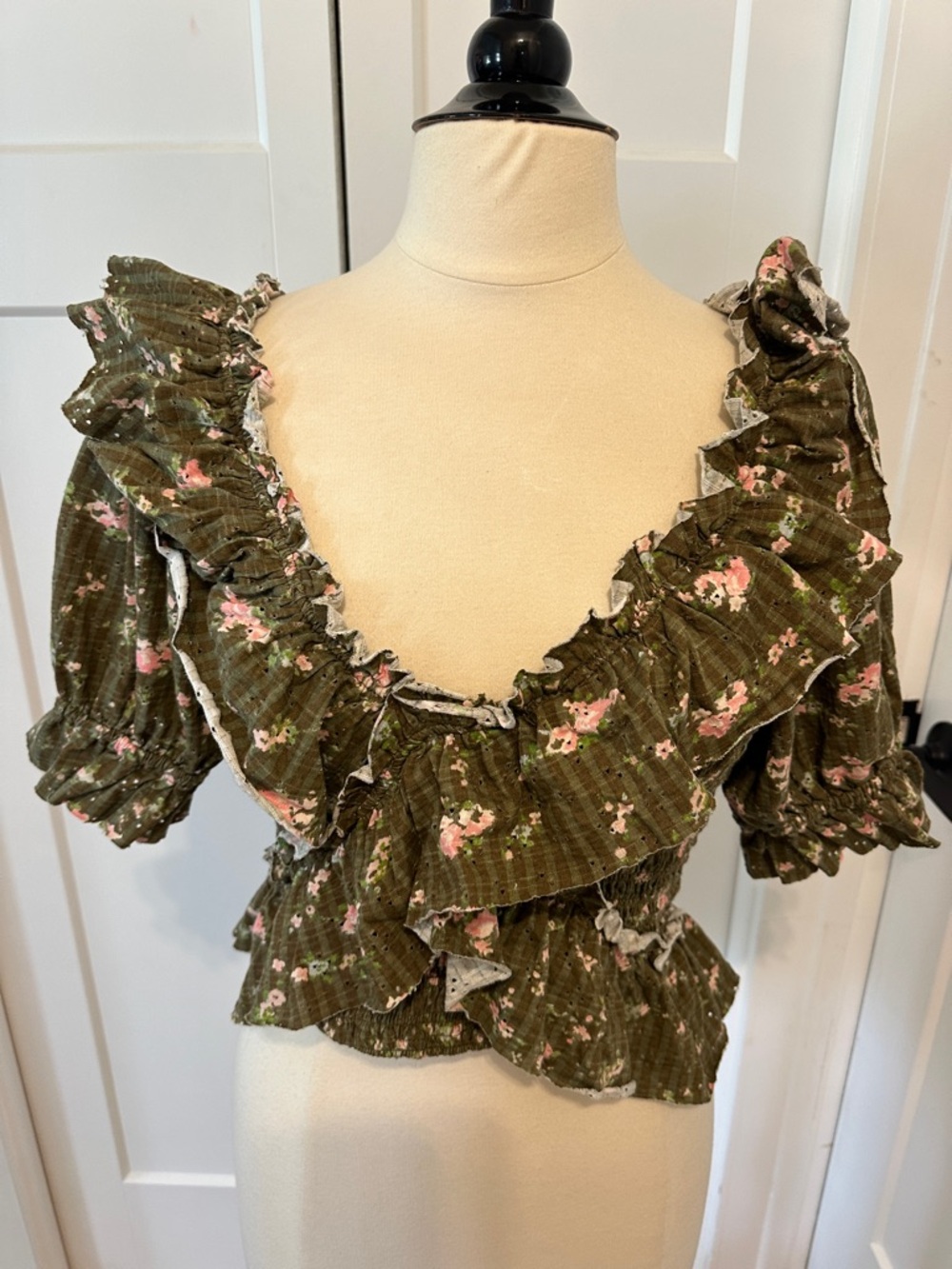 Free People Olive Floral Ruffle Peplum Blouse